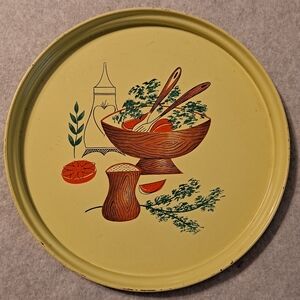 Vintage Retro Party Metal Serving Tray Round Mid Century Modern Yellow 13.5"